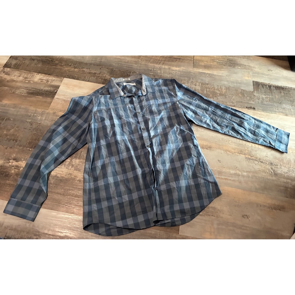 Calvin Klein Mens XL Blue Grey Buffalo Plaid Long Sleeve Cotton Button Down